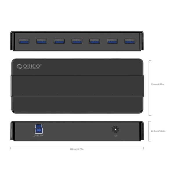 ORICO 7 Port Additional Power USB3.0 Hub - Black - Image 3