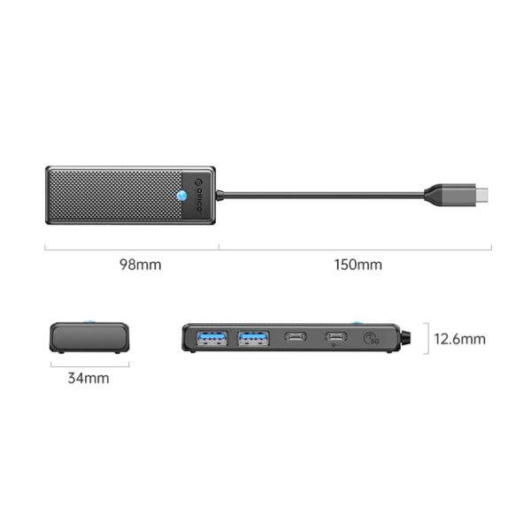 ORICO PW Series 4-Port USB3.0 Hub | Type-C | USB-A3.0 x 2 (5GBPS Sharing) | USB-C3.0 x 1 (5GBPS) | USB-C x 1 (PD100W) | 15cm | Black - Image 2